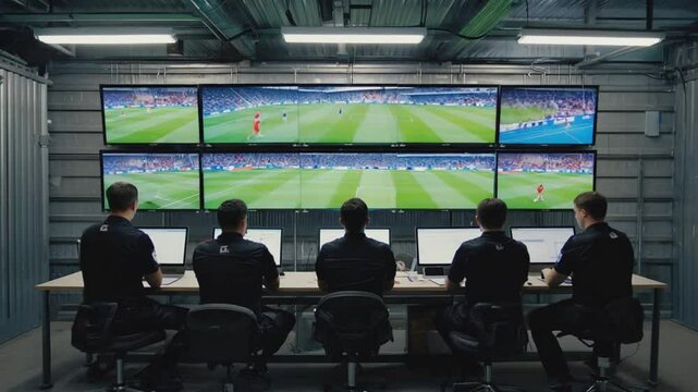 Referees in a VAR review room.