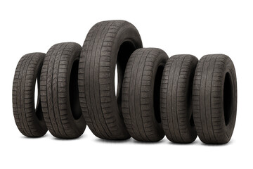 Tire Arrangement: A collection of automotive tires, varying in size, stand in a row, displaying their intricate tread patterns, inviting the viewer to appreciate their design and function. 