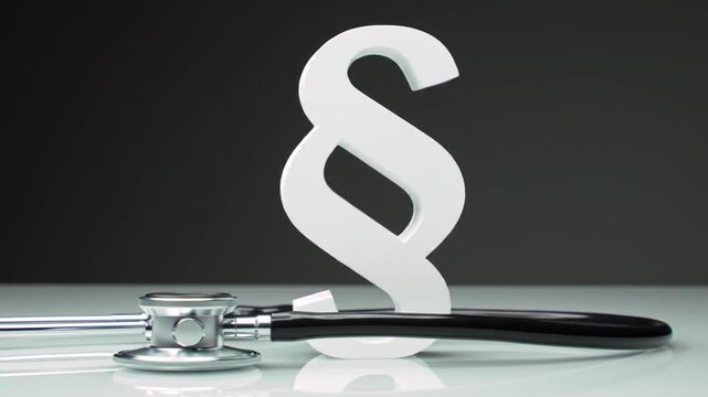 Paragraph Symbol and Stethoscope on White Surface Representing Legal Aspects of Healthcare with Dark Background and Glossy Elements