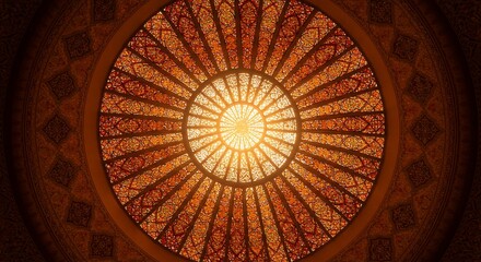 Ornate stained glass dome with radiating patterns and sunburst center, viewed from below