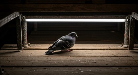 Pigeon Perched Under Industrial Lighting on Weathered Wood Surface