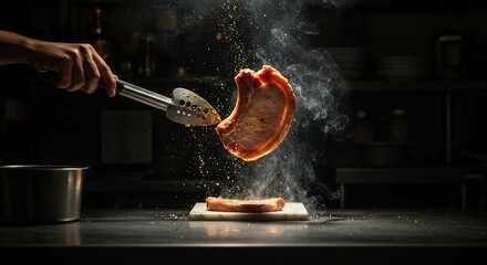 Pork Chop Levitating with Seasoning and Steam in a Dark Kitchen Setting