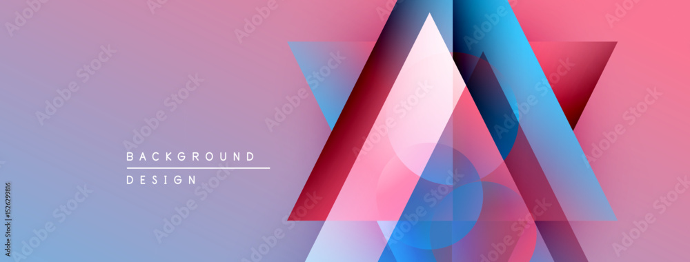 Poster abstract geometric shapes overlap, creating vibrant color gradients. background features pink, purpl
