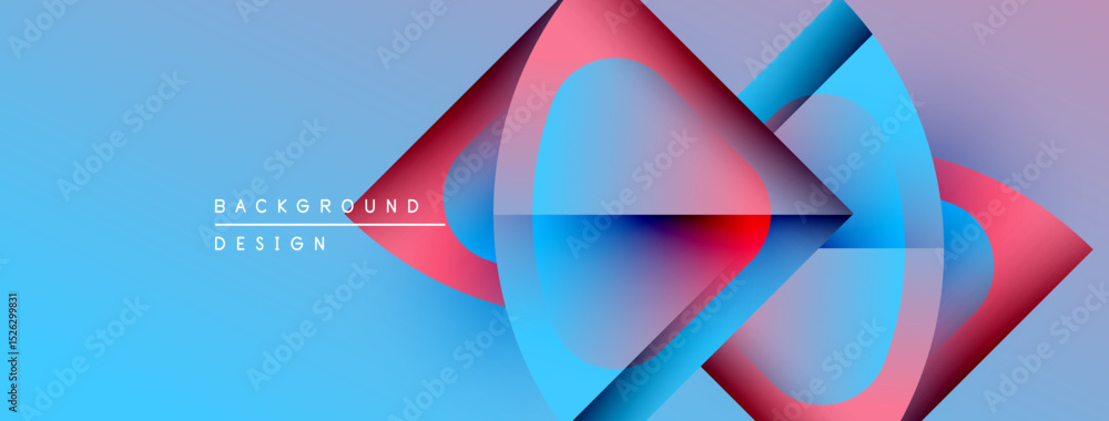 Poster abstract geometric design. blue gradient background features overlapping pink, red, cyan shapes. mod