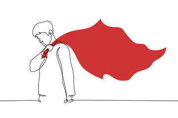 man holding a corner of a big red flag waving behind him - one line art vector. concept man red flag, dangerous partner for relationships or symbol of socialism and communism