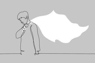 man holding a corner of a large white flag waving behind him - one line art vector. concept man white flag - constant compromise in a relationship, capitulation