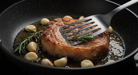 Pork chop sizzling with garlic and rosemary in a non-stick pan
