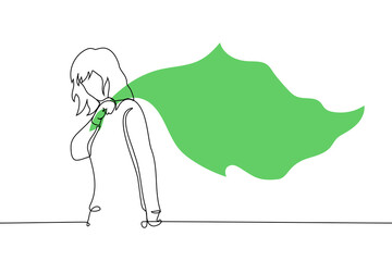 woman holding a corner of a big green flag waving behind him - one line art vector. concept woman green flag, suitable female partner for healthy relationship or eco activist