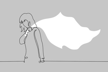 woman holding a corner of a large white flag waving behind him - one line art vector. concept woman white flag - constant compromise in a concession in a relationship, capitulation