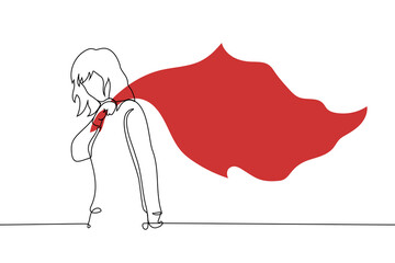 woman holding a corner of a big red flag waving behind him - one line art vector. concept woman red flag, dangerous partner for a relationship, euphemism for menstruation or socialism and communism