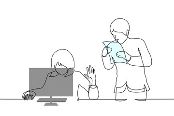 woman boss and man subordinate - one line art vector. concept woman busy at computer put her hand in STOP gesture for man approaching her with documents