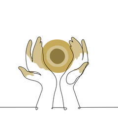 female hands molding a clay pot top view - one line art vector. concept art therapy, pottery, master class, crafting