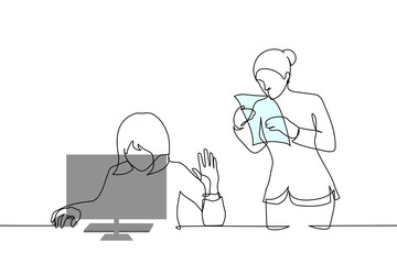 woman boss and woman subordinate - one line art vector. concept woman busy at computer put her hand in STOP gesture for employee approaching her with documents