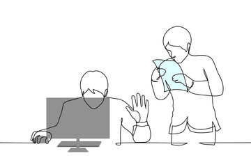 male boss and subordinate worker man - one line art vector. concept man busy at computer put hand in STOP gesture for male employee approaching him with documents