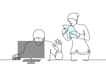 male boss and female subordinate - one line art vector. concept man busy at computer put hand in STOP gesture for female employee approaching him with documents