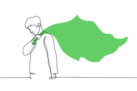 man holding a corner of a big green flag waving behind him - one line art vector. concept man green flag, suitable male partner for healthy relationship
