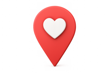 3d rendering depicting red location pin featuring white heart, symbolizing romantic locations, dating apps, love connections on transparent background