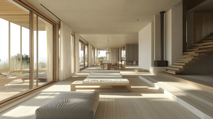 Fototapeta premium spacious minimalist interior featuring clean white walls, warm wood accents, and large windows