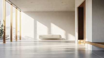 Minimalist interior with clean white walls, warm wood accents, and natural light