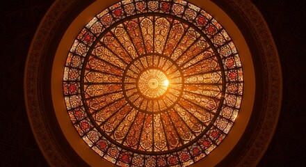 Radiant stained glass dome with central sunburst, casting warm light