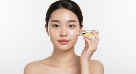 Radiant Asian Woman Applying Facial Serum with Glass Dropper on White Background