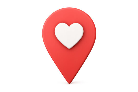 3d rendering depicting red location pin featuring white heart, symbolizing romantic locations, dating apps, love connections on transparent background