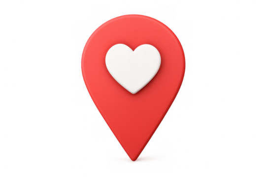3d rendering depicting red location pin featuring white heart, symbolizing romantic locations, dating apps, love connections on transparent background