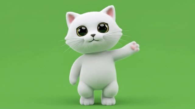 White Cat Standing Upright Waving on Green Background
