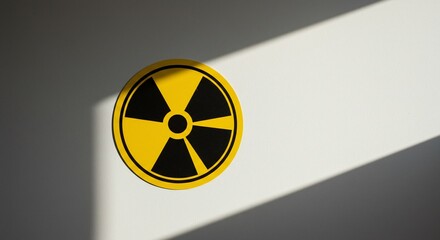 Radiation warning symbol on a white wall with dramatic shadows and bright light.