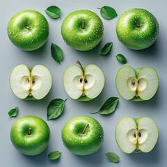 Collection of green apples, whole and sliced, framed with green leaves. Clean minimalist background