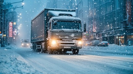 A truck moves along a snowy city street during heavy snowfall.
