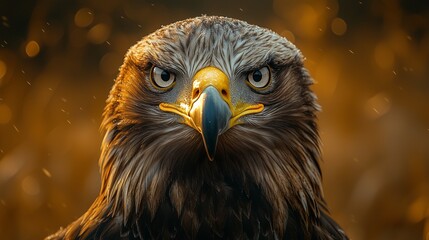 Portrait of a majestic eagle with a piercing gaze against a golden bokeh background. Detailed feathers and a powerful beak
