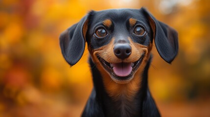 Adorable dog with black and red fur smiles against the background of bright autumn leaves. Close-up portrait
