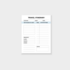 Travel itinerary template with sections for destinations, times, activities, meals, and notes.