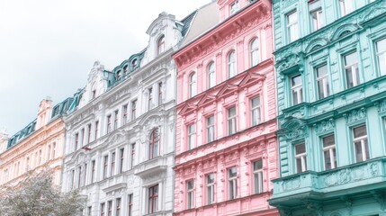 Obraz premium Ornate multi-storied pastel-colored buildings with intricate architectural details, featuring decorative moldings, elaborate cornices, and symmetrical windows, set against a light overcast sky, with a