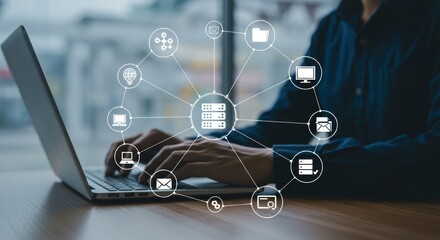 Person using laptop with interconnected digital icons