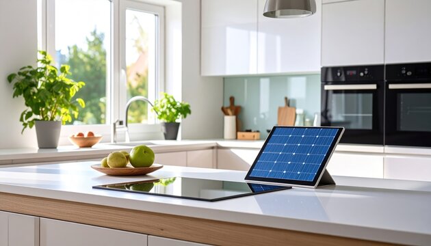 Modern kitchen with solar panel tablet