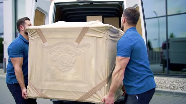 Two Men Carefully Moving Large Wrapped Furniture From White Van at Building Daytime for Delivery Service and Relocation Concept