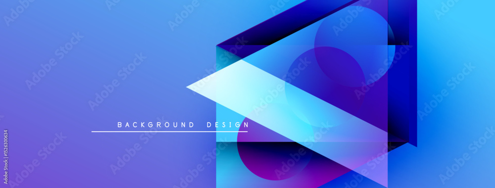 Poster abstract geometric shapes overlap, creating vibrant blue purple gradient. text reads background desi