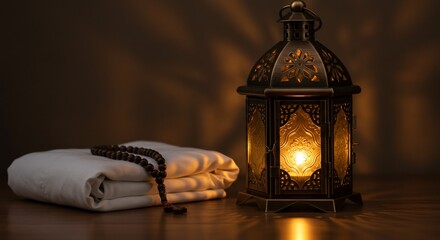 Ramadan Lantern Glows Beside Prayer Beads and Folded White Cloth on Wooden Surface