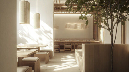 Minimalist natural toned dining area with leafy plant and soft lighting creates serene