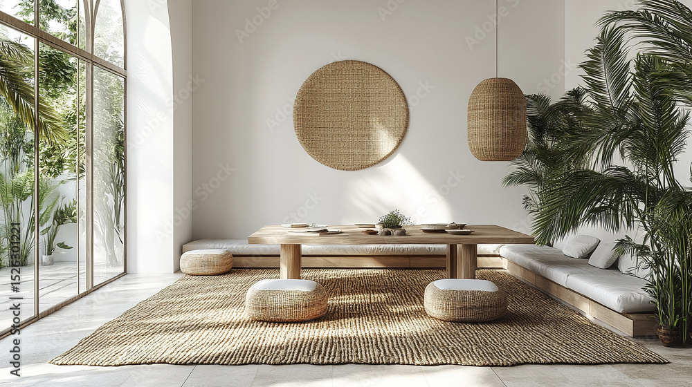 Poster minimalist dining area with natural elements and soft light creating serene atmosphere