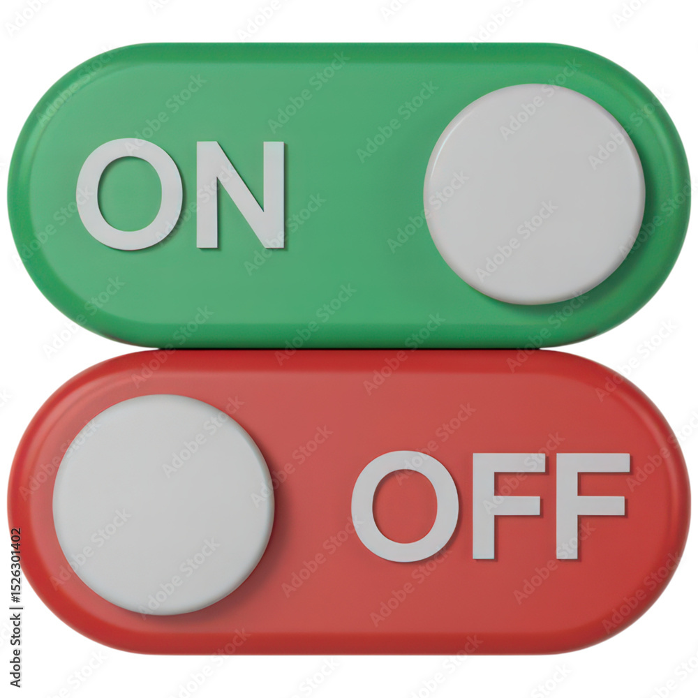 Aufkleber on and off toggle switches in green and red on transparent background for user interface and control