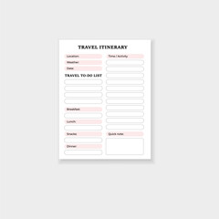 Travel itinerary form template for planning trips, featuring sections for activities and notes.
