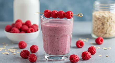 Raspberry smoothie in glass with fresh raspberries