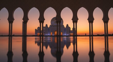 Sheikh Zayed Mosque at Sunset Reflected in Water, Framed by Arches