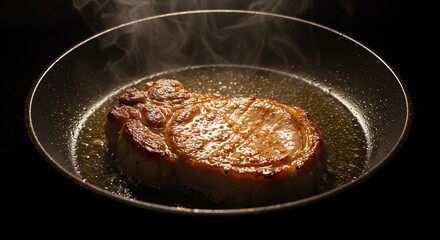Sizzling Pork Chop: Golden Brown Perfection in a Hot Frying Pan with Rising Steam