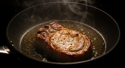 Sizzling Pork Chop: Golden Brown Perfection in a Hot Skillet with Rising Steam