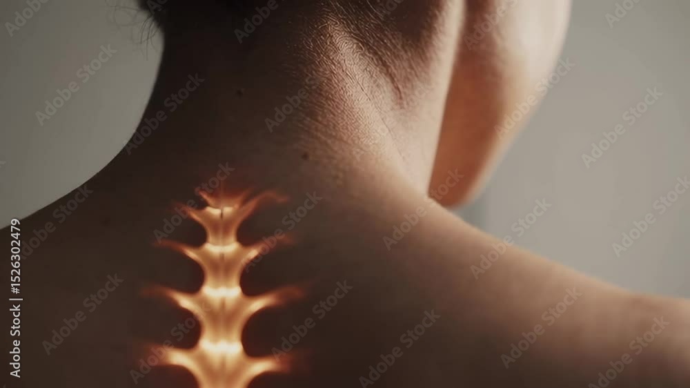 Poster glowing spinal visualization revealing potential inflammation and anatomical issues affecting woman'