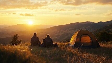 Backpackers camping on a hill, golden light